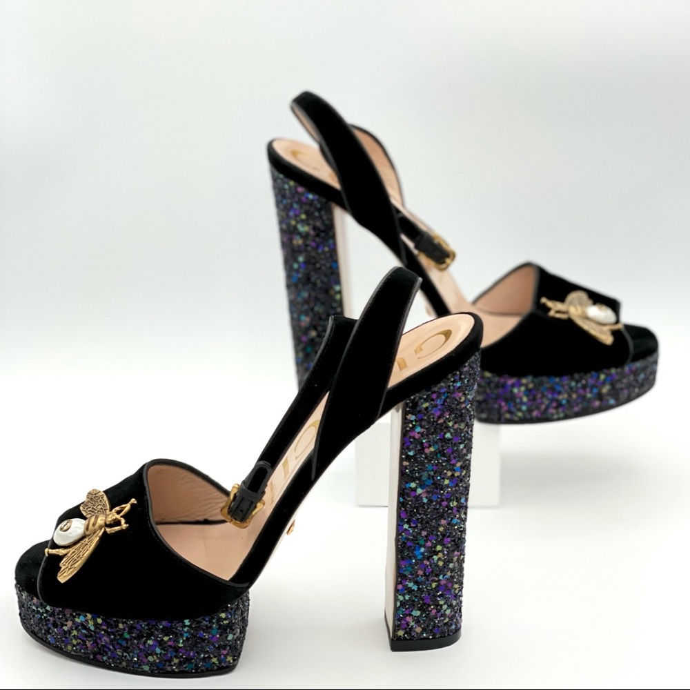 Pre-Loved Gucci Bee Soko Black Ankle Wrap Glitter Platform